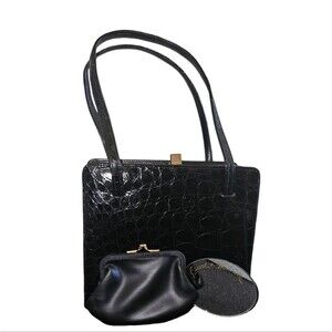 Vintage 1950's Escort Bag Black Croc Embossed Leather Small Tote